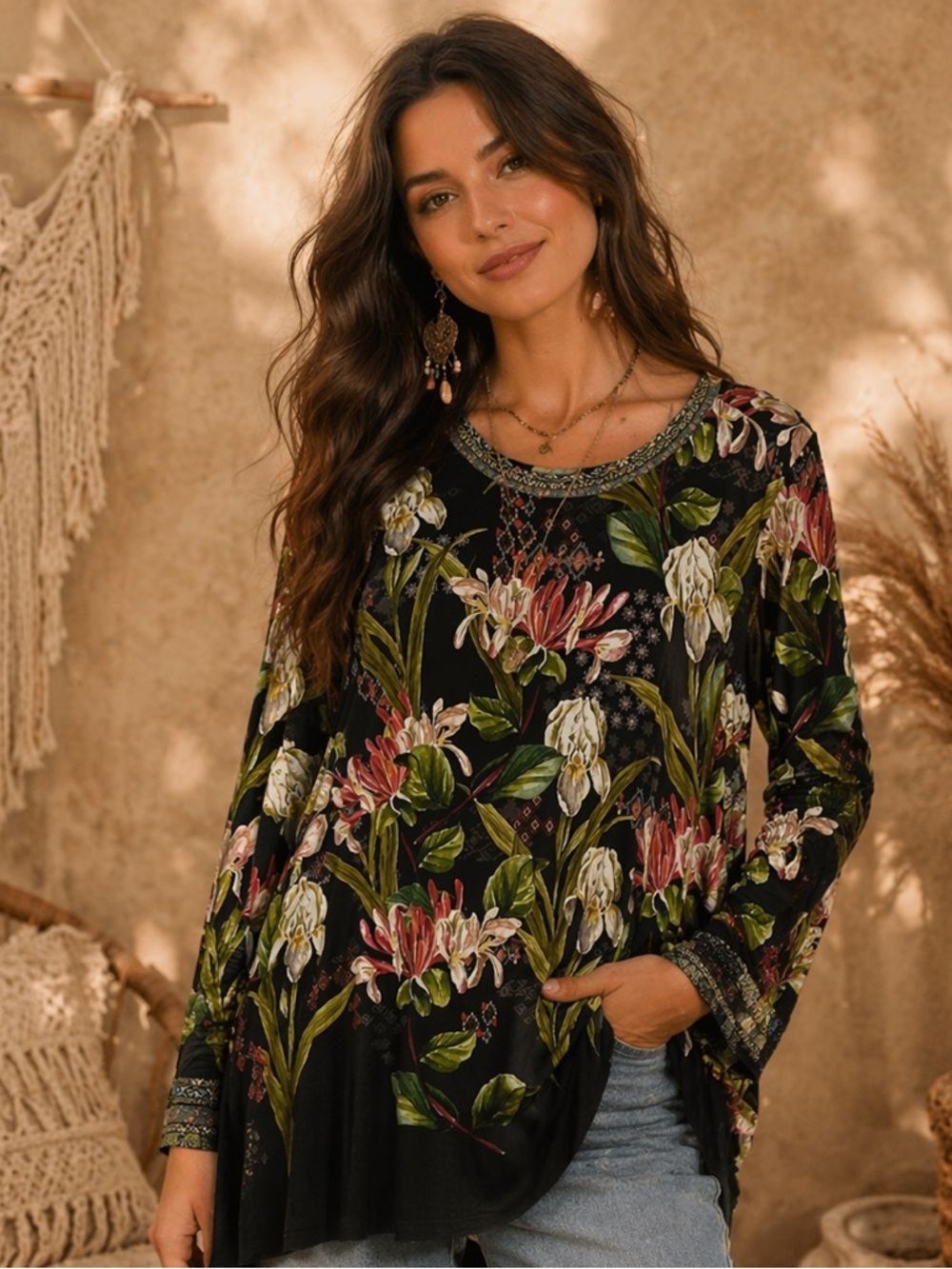 Johnny Was Black Floral Long Sleeve Blouse